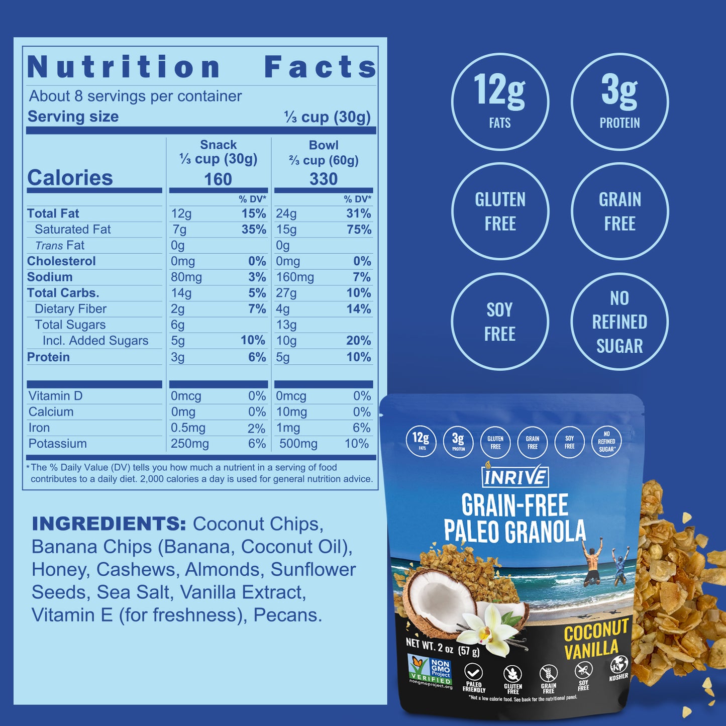 Snack Size - Inrive Paleo Grain-Free, Gluten-Free Coconut Vanilla Granola 2 oz