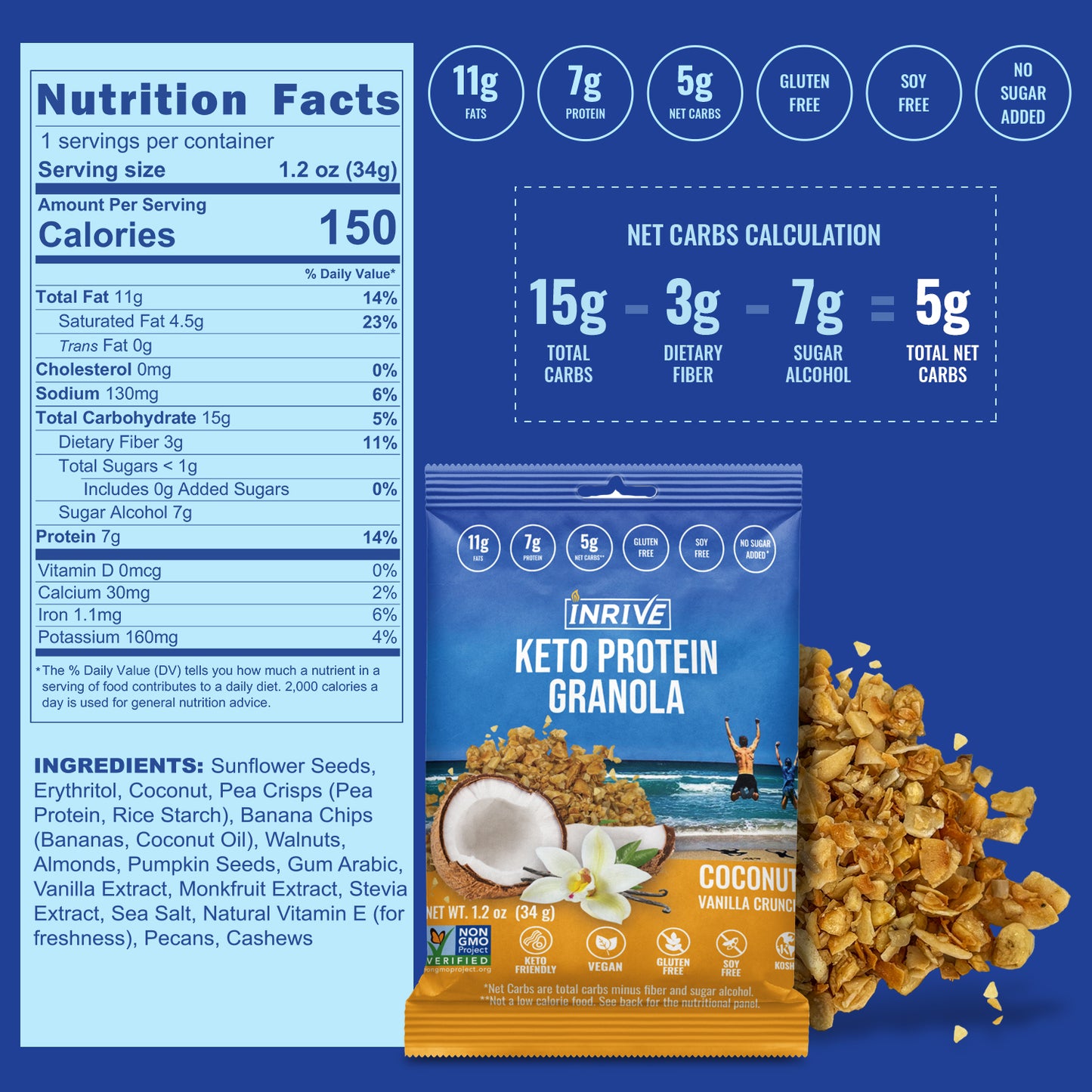 Snack Size -  Inrive Keto High-Protein Coconut Vanilla Gluten-free Granola 1.2 oz