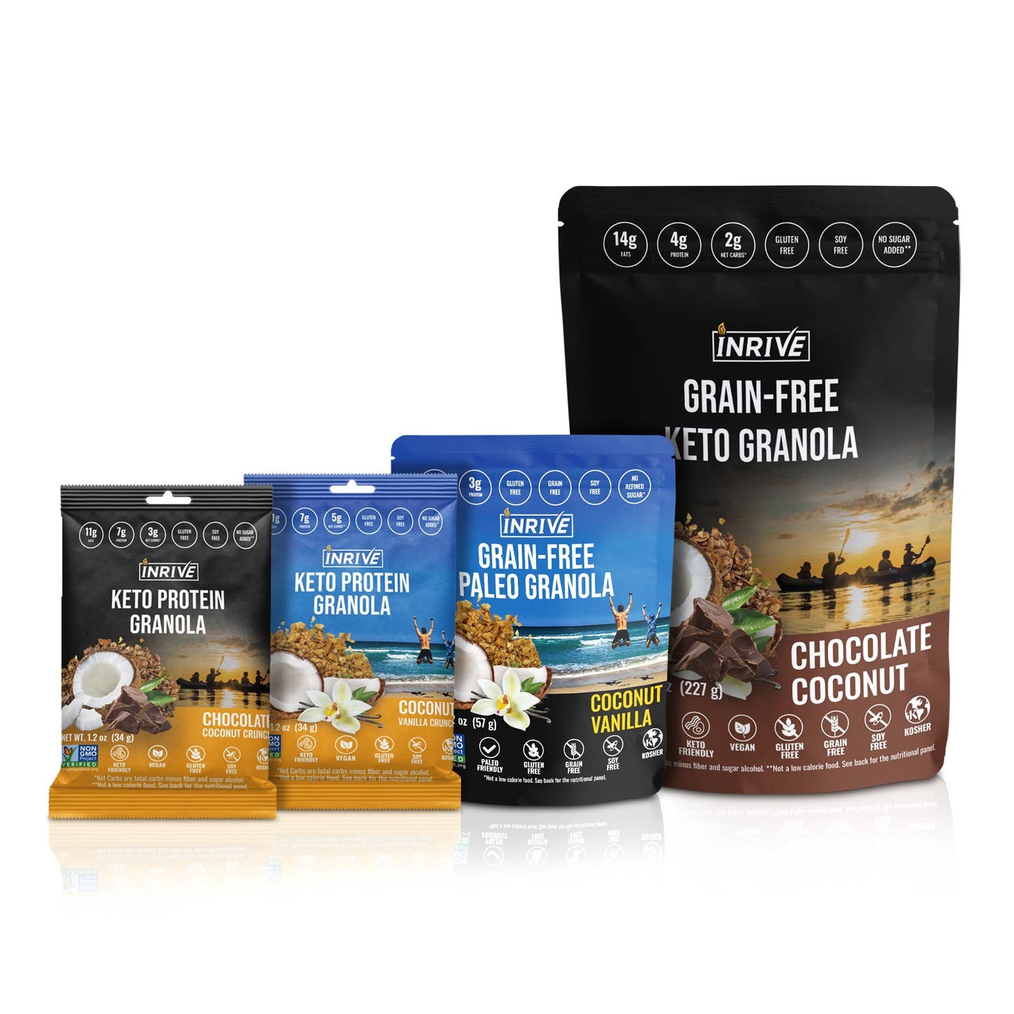 High-Protein Keto Vanilla 8 oz + Snack Packs of Grain-free Paleo Vanilla and Keto Chocolate and High-Protein Keto Chocolate = Free + $7.99 shipping