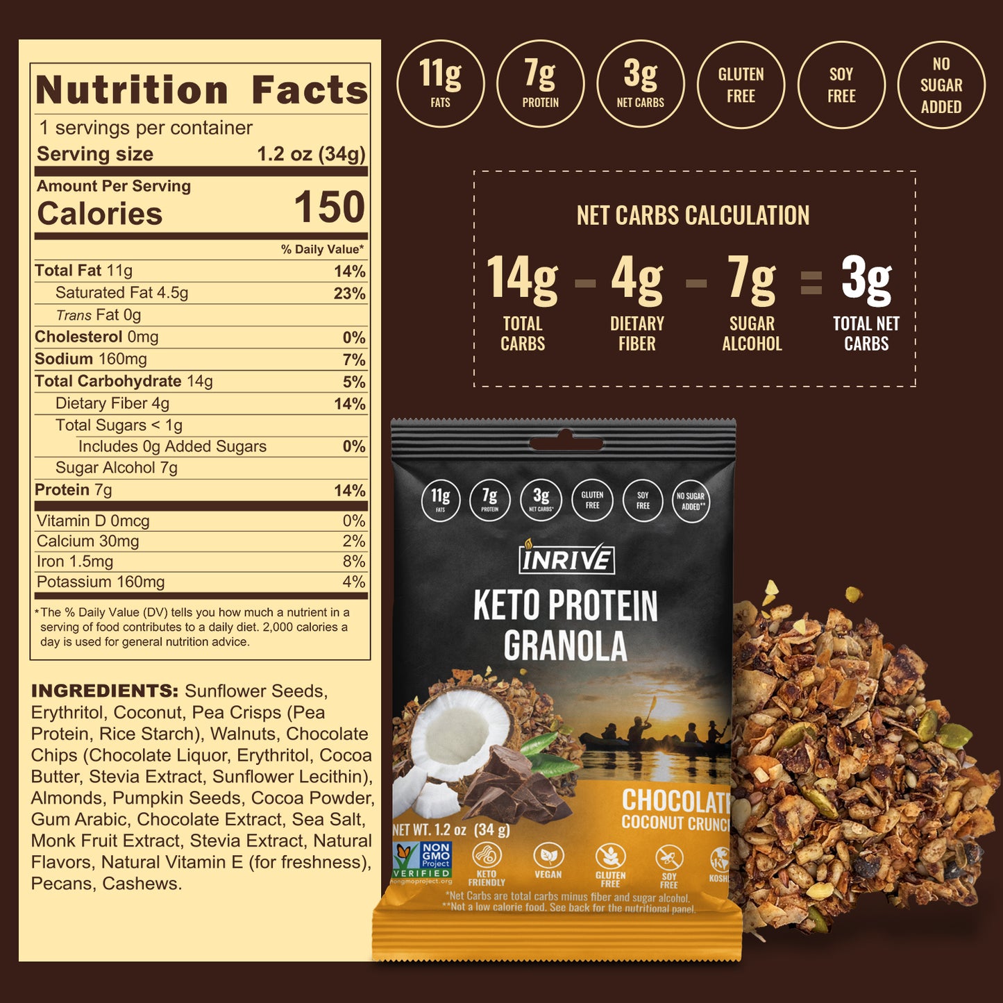 Snack Size - Inrive Keto High Protein Gluten-Free Chocolate Coconut Granola 1.2 oz