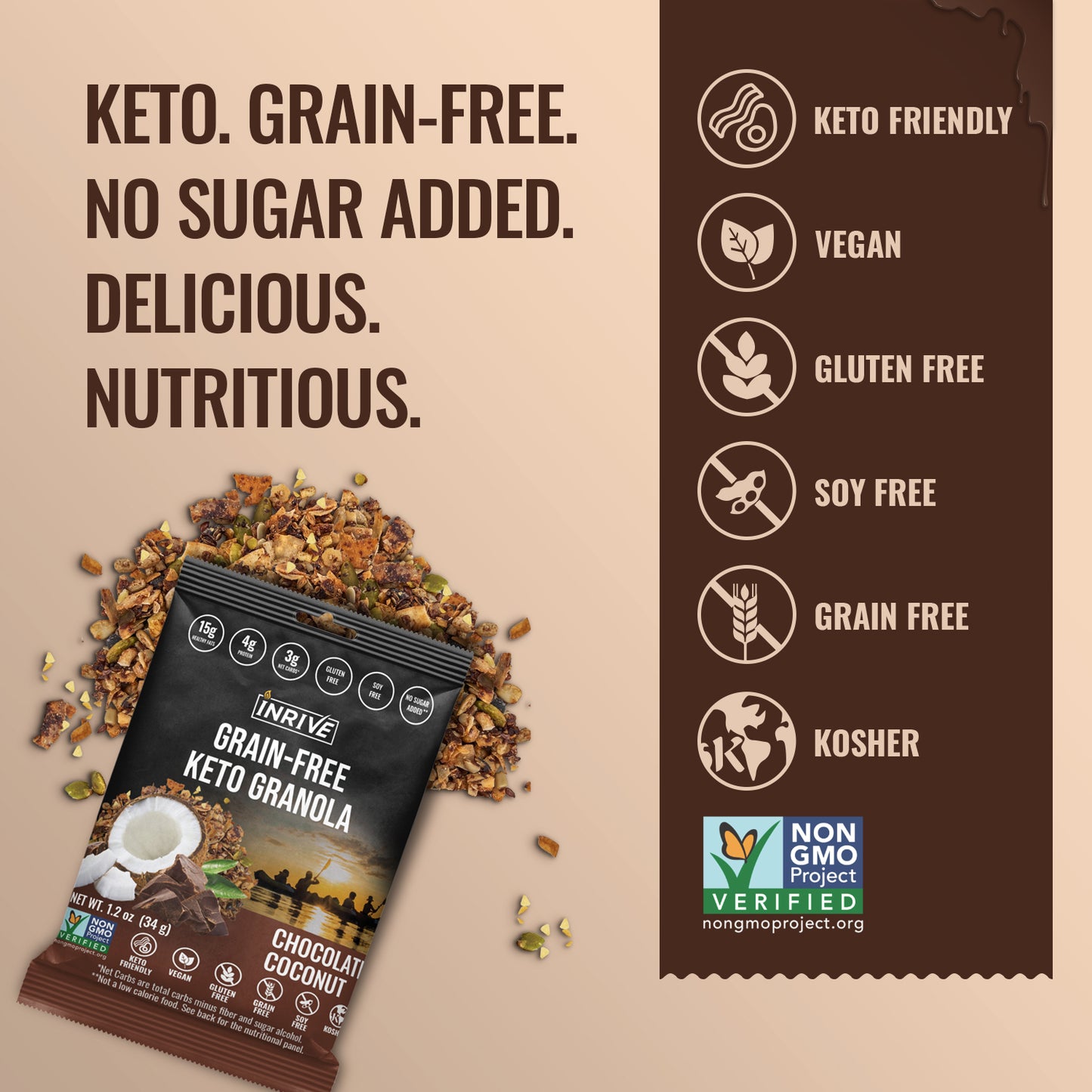 Snack Size - Inrive Keto Grain-Free, Gluten-Free Chocolate Coconut Granola 1.2 oz